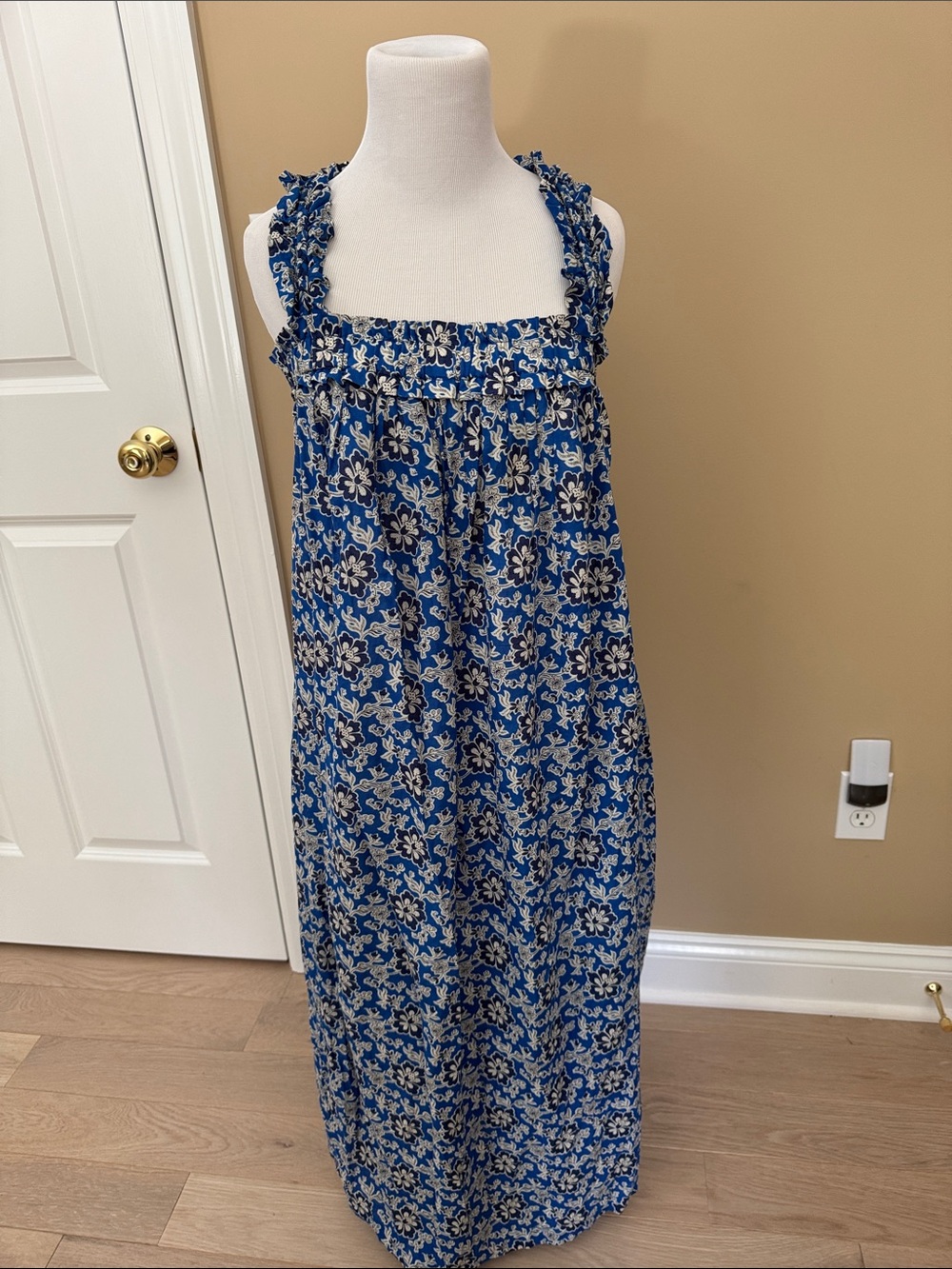 J. Crew Blue and White Floral Ruffle Strap Maxi Dress